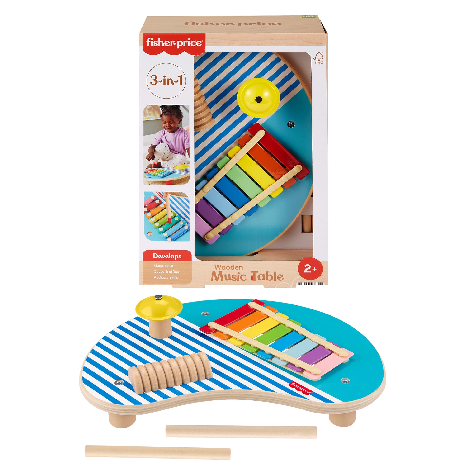 Fisher-Price Wooden Toy Musical Table with Percussion Instruments for Toddler Role Play, 3 Wood Pieces