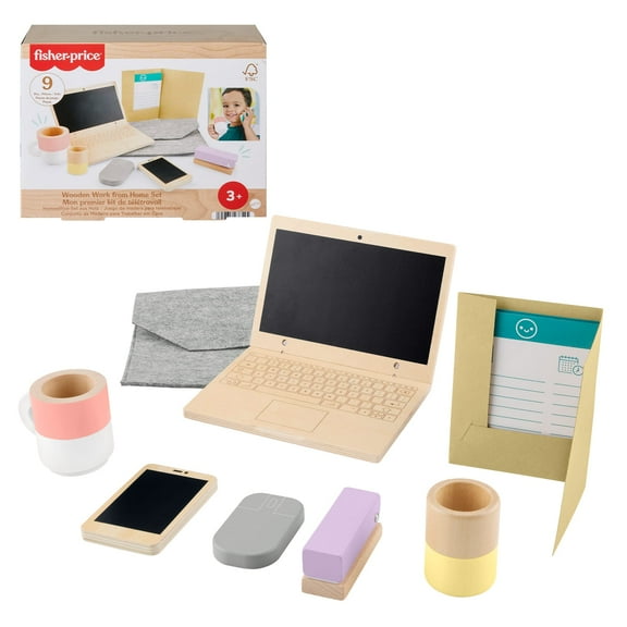 Fisher-Price Wooden Work From Home Set, Pretend Office Playset with Wood Laptop for Kids, 9 Pieces
