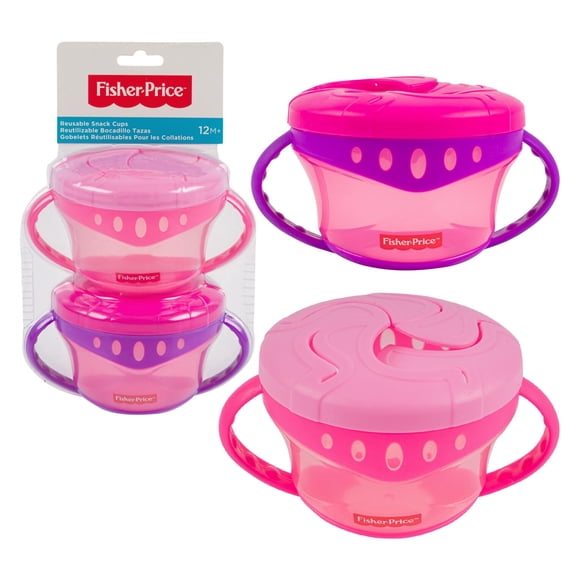 Fisher-Price by Cudlie Reusable Snack Cups - 2 Pack - Spill Proof - BPA Free - Dishwasher Safe, Pink