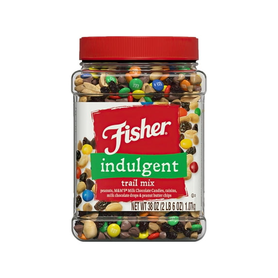 Fisher Snack Indulgent Trail Mix, 38 Ounces, Peanuts, Milk Chocolate Candies, Raisins, Milk Chocolate Drops, Peanut Butter Chips