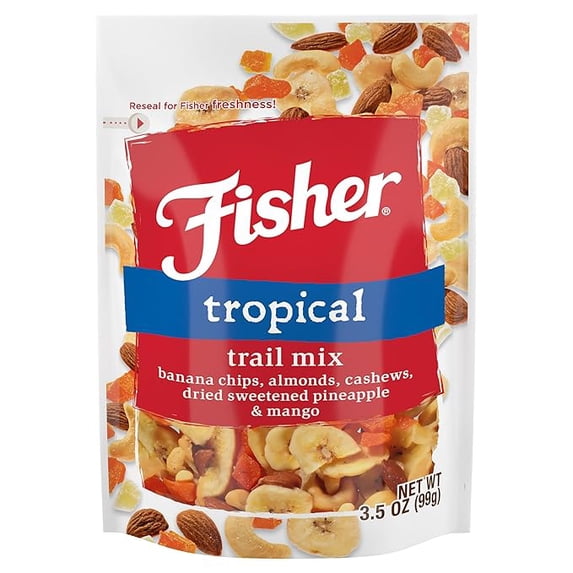 Fisher Snack Tropical Trail Mix, 3.5 Ounces, Banana Chips, Almonds, Cashews, Dried Sweetened Pineapple and Mango (Pack of 2)