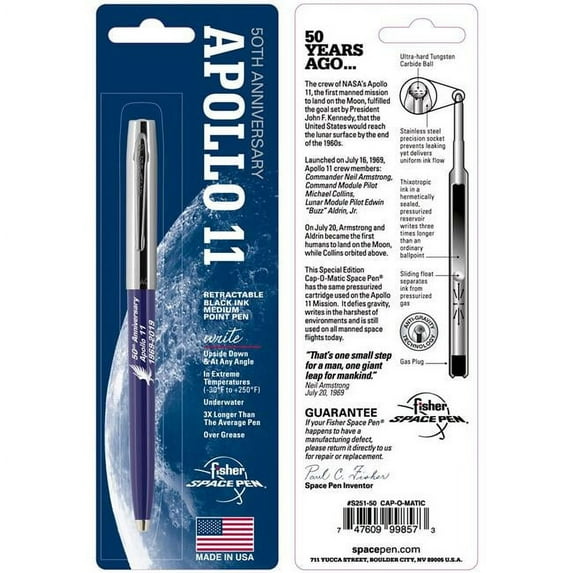 Fisher Space Pen S251-50 Apollo 11 50th Anniversary Cap-O-Matic Space Pen with Chrome Cap - Assorted Barrel Color