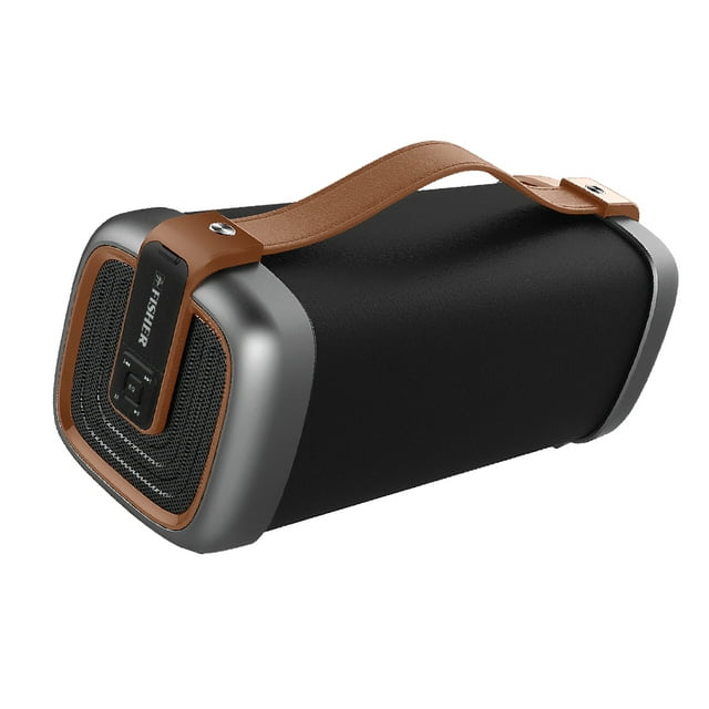 Fisher Traveler Wireless Outdoor Bluetooth Speaker, Portable Strap, Rubberized Exterior, Brown
