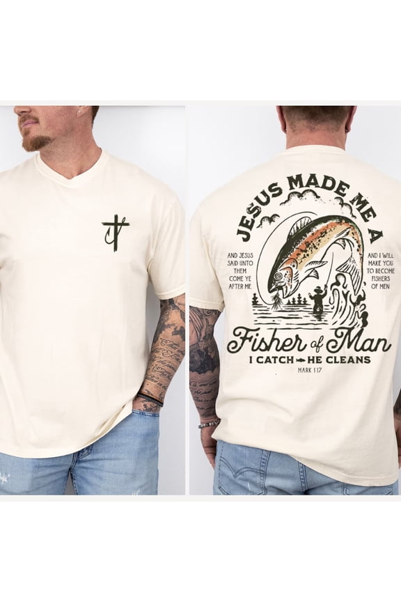Fisher of Men Christian T-Shirt – Jesus Made Me a Fisherman, Bible Verse Mark 1:17, Faith + Fishing Shirt for Men