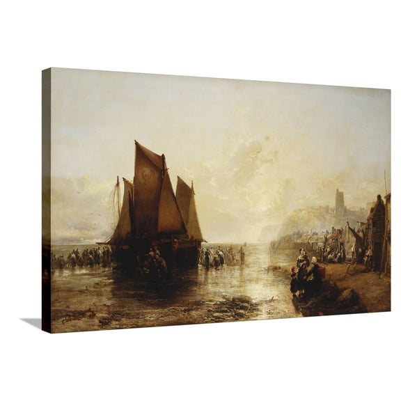 Art.com Fisherfolk Landing their Catch on Folkestone Beach Stretched Canvas Print Wall Art by James Webb, 36" x 24"