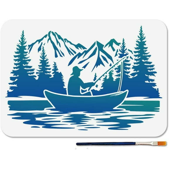 Fisherman Boat Stencil Reusable Lake Fishing Stencils for Painting 11.78.3inch Forest Mountain Art Craft Templates with Paint Brush for Window Wood Wall Home Gift Decoration