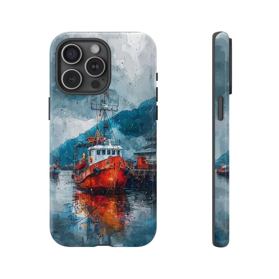Fisherman Boat Wharf Dock Nautical Scenic Artwork Phone Case for 11 12 13 14 15 16 17 Pro Max