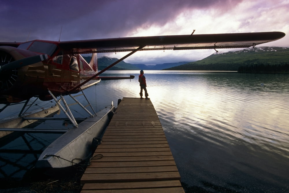 Fisherman Chelatna Lake Lodge Floatplane Docked Alaska Range Interior Summer Scenic Canvas Art - Jeff Schultz Design Pics (34 x 22)