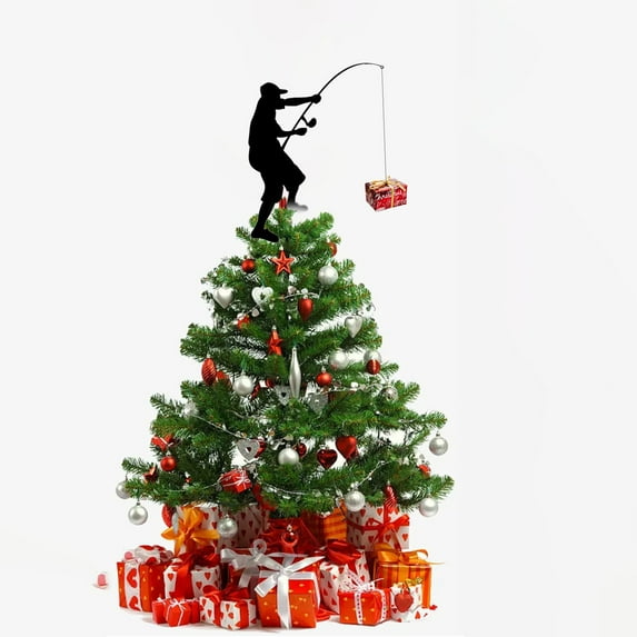 Fisherman Christmas Tree Topper Rustic Iron Angler Ornament Holiday Decoration for Indoor Home Winter Family Gatherings Festive Rustic Themed Tree Top Decoration