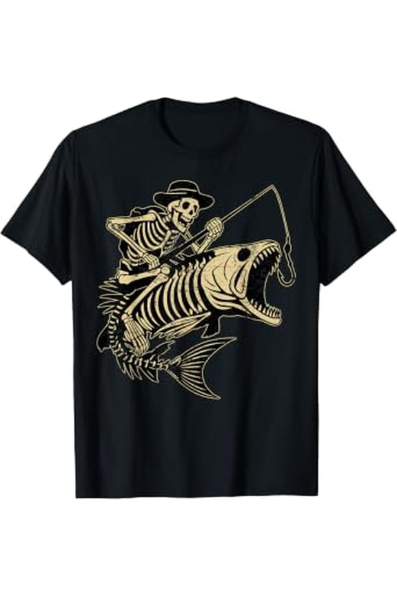 Fisherman Halloween Bass Fish Skull Fishing Men Dad T-Shirt