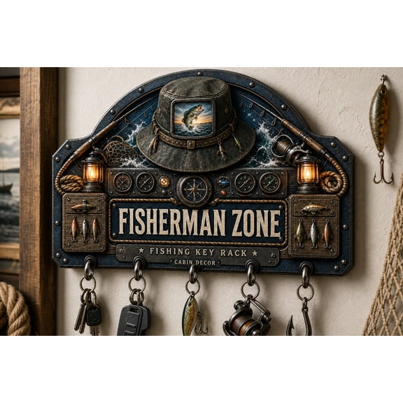Fisherman Key Holder Rustic Wooden Wall Organizer for Cabin Entryway Anglers
