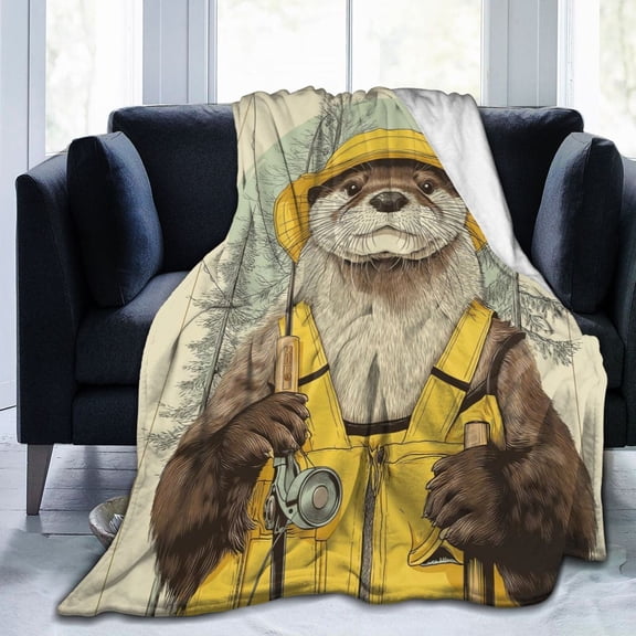 Fisherman Otter Throw Blanket, Bucket Hat Fishing Artwork, Playful Outdoor Home Decor 50x40