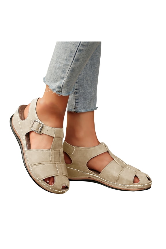 Fisherman Sandals for Women Splice T-Strap Closed Toe Cutout Slingback Walking Shoes Comfy Soft Sole Summer Wedges Beige Size 9
