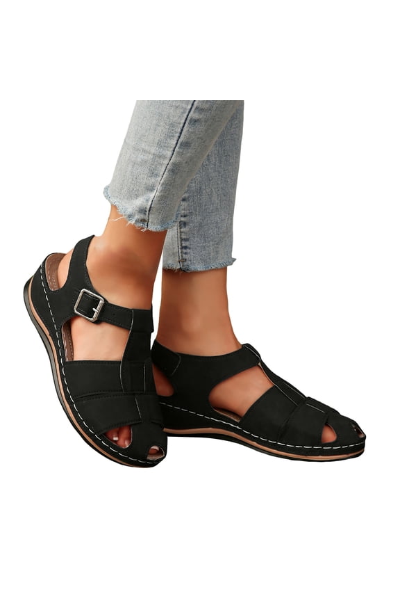 Fisherman Sandals for Women Splice T-Strap Closed Toe Cutout Slingback Walking Shoes Comfy Soft Sole Summer Wedges Black Size 9