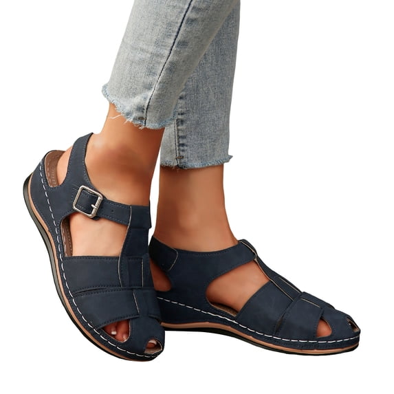 Fisherman Sandals for Women Splice T-Strap Closed Toe Cutout Slingback Walking Shoes Comfy Soft Sole Summer Wedges Dark Blue Size 6