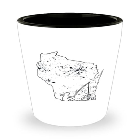 Winter-Themed Fisherman Shot Glass, Wisconsin Ice Fishing Souvenir, Unique Mini Glassware Gift, 1.5oz Cup for Cold Weather Enthusiasts