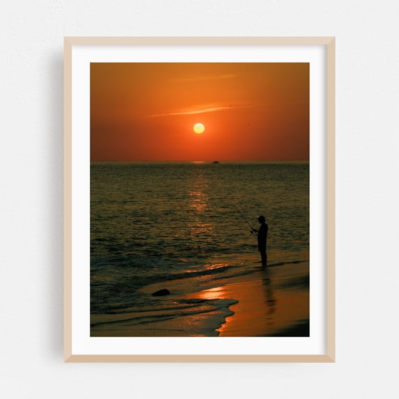 Fisherman at Sunset, Cape May - Cape May New Jersey Photography Oak Framed Wall Art Print 16 x 20 inches