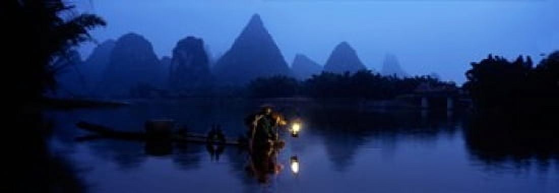 Fisherman fishing at night Li River China Canvas Art - Panoramic Images (18 x 7)