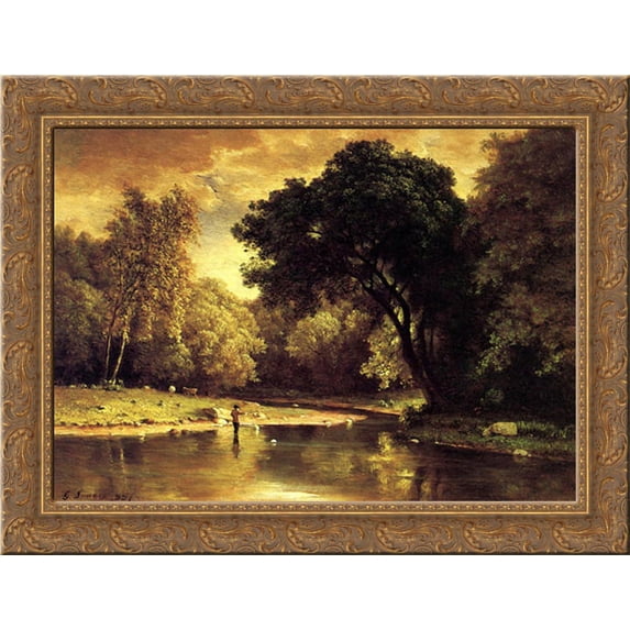 Fisherman in a Stream 24x20 Gold Ornate Wood Framed Canvas Art by Inness, George