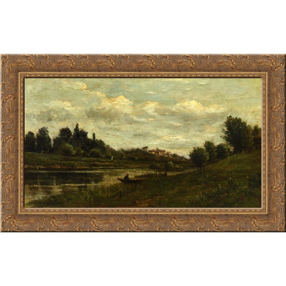 Fisherman on the Banks of the River 24x16 Gold Ornate Wood Framed Canvas Art by Charles-Francois Daubigny