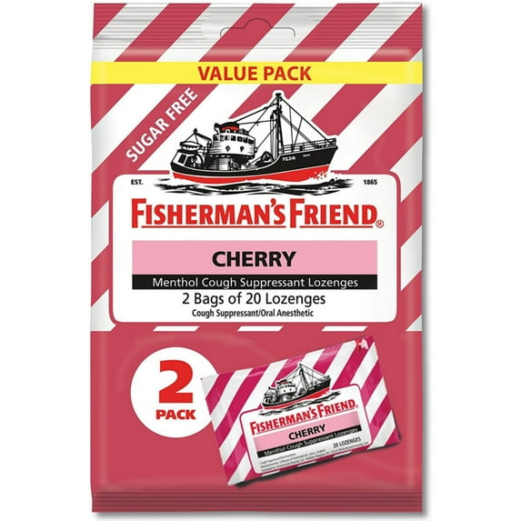 Fisherman's Friend Cough Drops Bag, Cough Suppressant Lozenges Sugar Free Cherry Menthol 40 ea (Pack of 2)