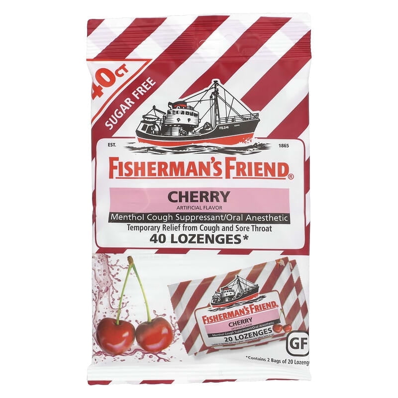Fisherman's Friend, Menthol Cough Suppressant Lozenges, Sugar Free, Cherry, 40 Lozenges Pack of 2
