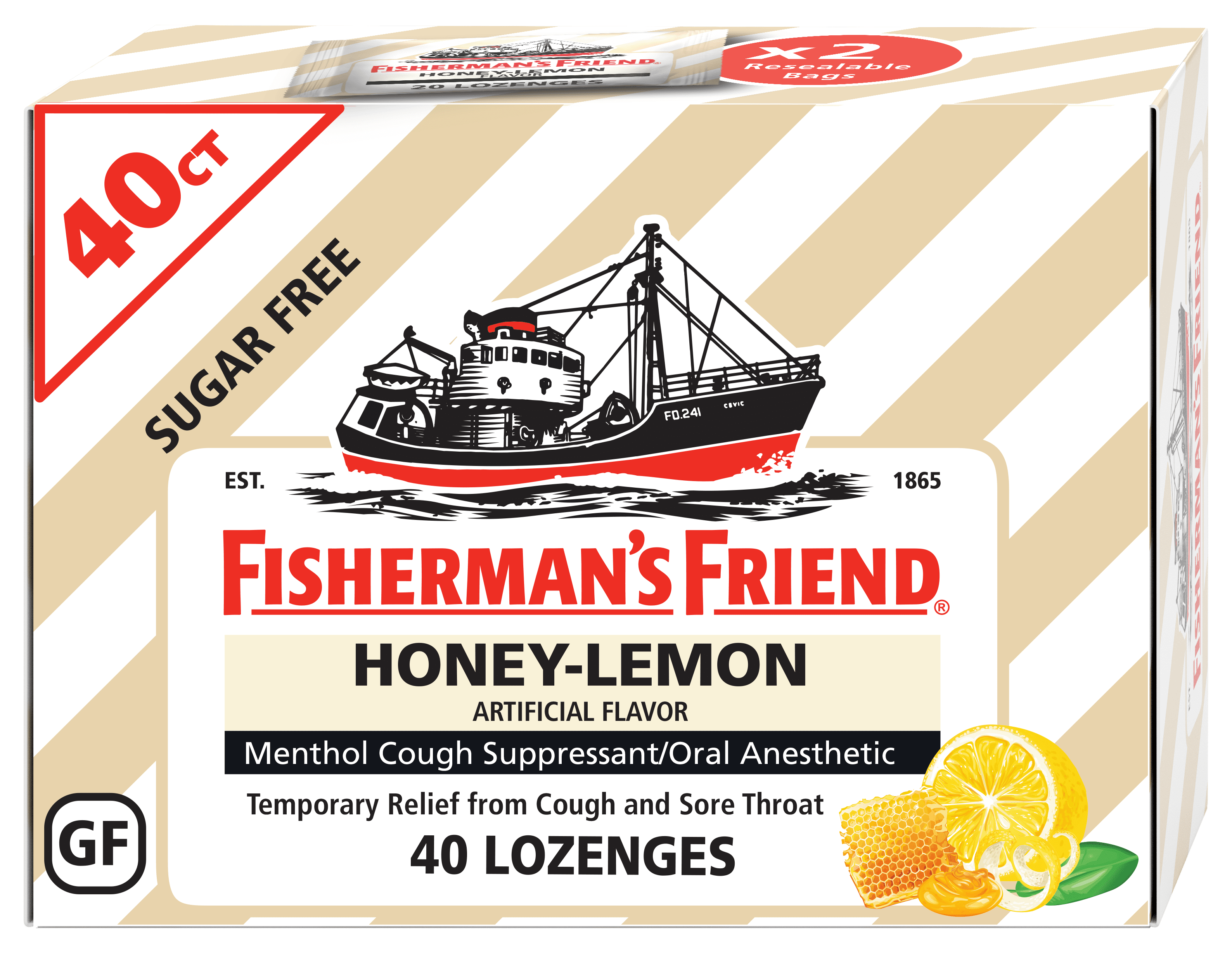 Fisherman's Friend Menthol Cough Suppressant/Oral Anesthetic, Sugar Free Honey-Lemon, 40 Count