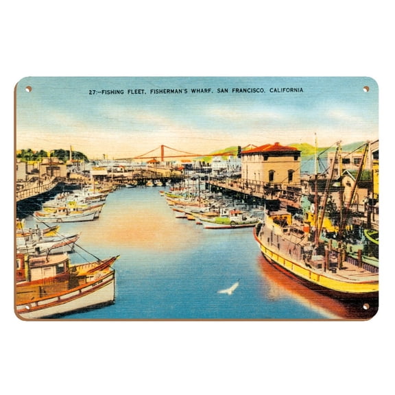 Fisherman's Wharf - San Francisco California - Vintage Hand Colored Postcard c.1930s - 8 x 12 inch Vintage Wood Art Sign
