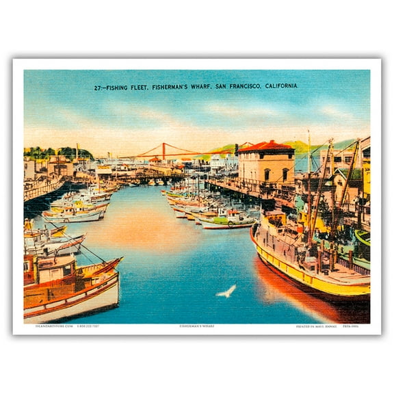 Fisherman's Wharf - San Francisco California - Vintage Hand Colored Postcard c.1930s - Master Art Print (Unframed) 9in x 12in