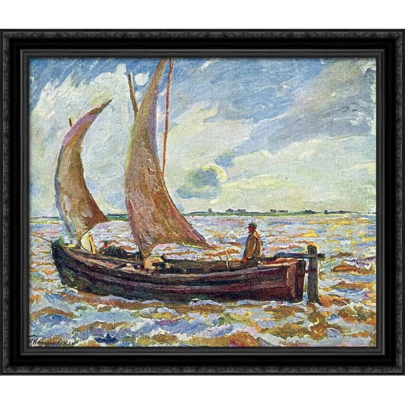 Fisherman's landscape 34x28 Large Black Ornate Wood Framed Canvas Art by Pyotr Konchalovsky
