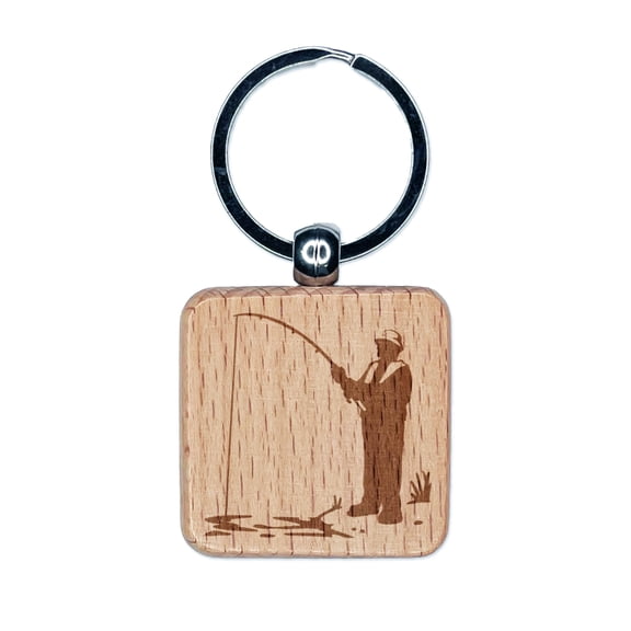 Fisherman with Rod Over Water Square Keychain Charm Tag - Engraved Wood