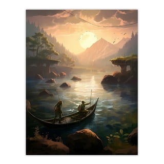 Fishermen Casting Nets from Boats Painting Men Fishing in River Serene  Mountain Forest Landscape Unframed Wall Art Print Poster Home Decor Premium