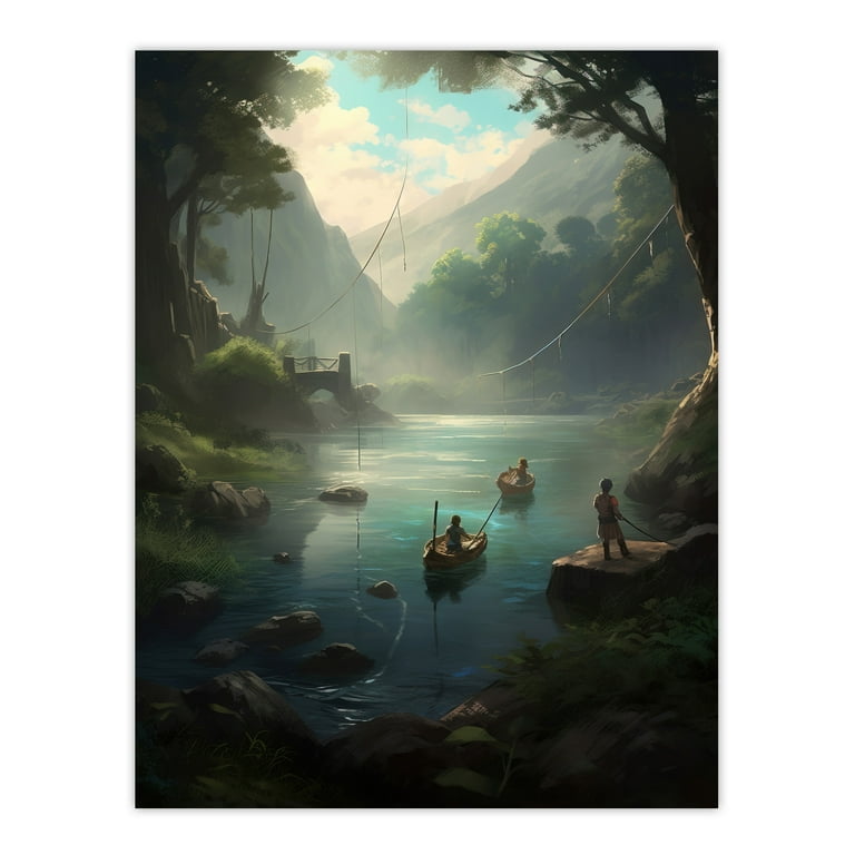 Fishermen Casting Nets from Boats Painting Men Fishing in River Serene  Mountain Forest Landscape Large Wall Art Poster Print Thick Paper 18X24  Inch 