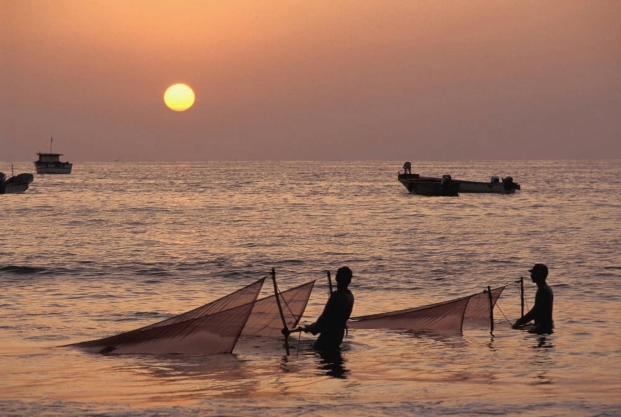 Fishermen Holding Nets In Sea At Sunset Canvas Art - James Sparshatt Design Pics (17 x 11)
