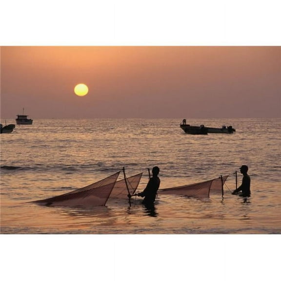 Fishermen Holding Nets In Sea At Sunset Poster Print - 34 x 22 - Large