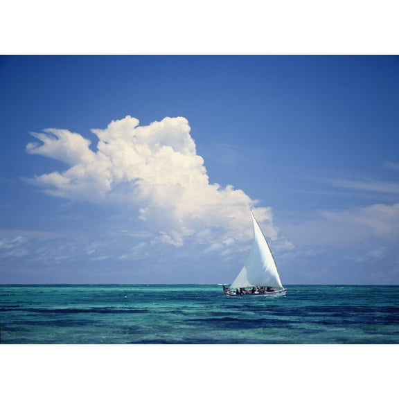 Fishermen In Dhow Sailing In Shallow Water In Front Of Large Thunder Storm Cloud Poster Print