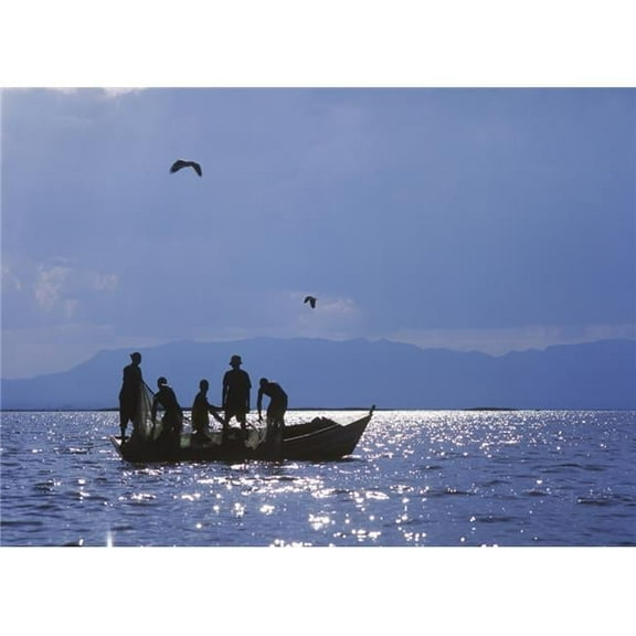 Fishermen Pulling Fishing Nets On Small Boat On Lake Chilwa Poster Print, 18 x 13