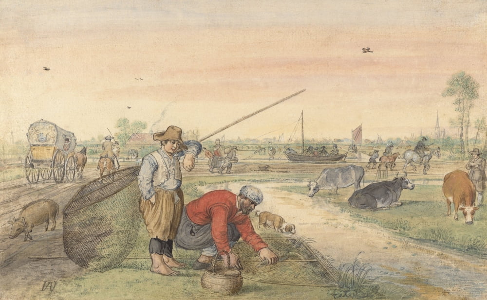 Fishermen With Nets Along A Towpath Canvas Art - (36 x 24)