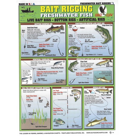 Freshwater Bait Rigging Chart - Waterproof Fishing Rig Guide, Quick Reference Card, Great for Bass Fishing