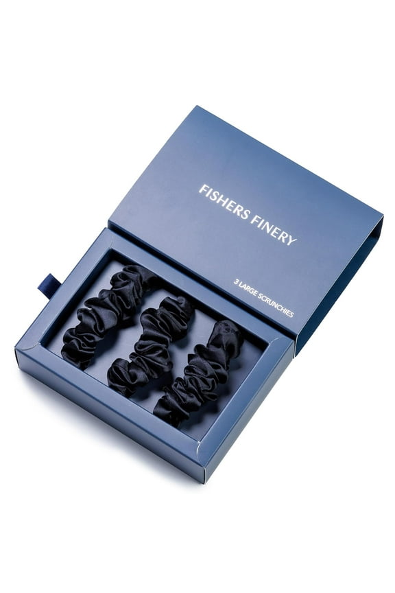 25 Momme 100% Pure Mulberry Silk Large Scrunchies, Hair Ties (Black, 3 Pk)