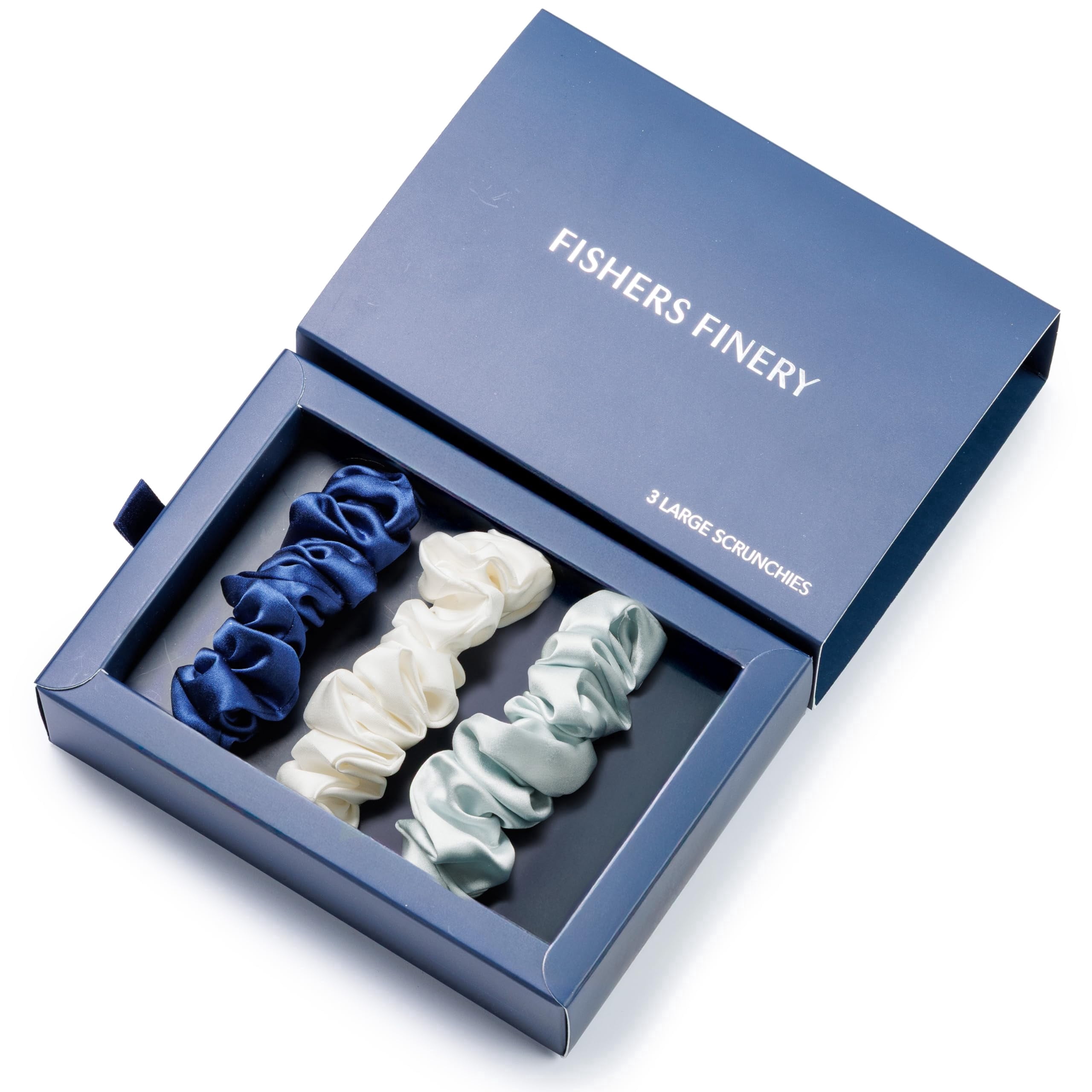 Fishers Finery 25 Momme 100% Pure Mulberry Silk Large Scrunchies (Navy|Light Blue|White - 3 Pk)