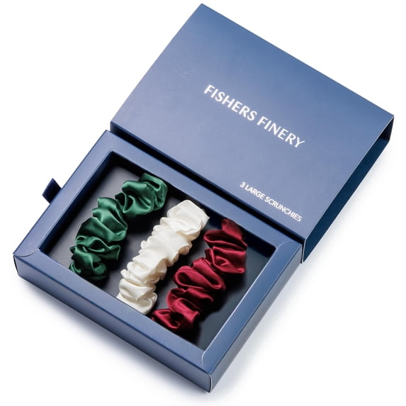 Fishers Finery 25 Momme 100% Pure Mulberry Silk Large Scrunchies (Red|Green|White - 3 Pk)