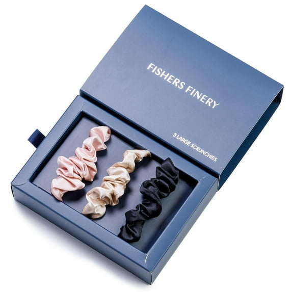 Fishers Finery 25 Momme 100% Pure Mulberry Silk Large Scrunchies, Stylish Hair Ties (Black|Pink|Taupe, 3 Pk)