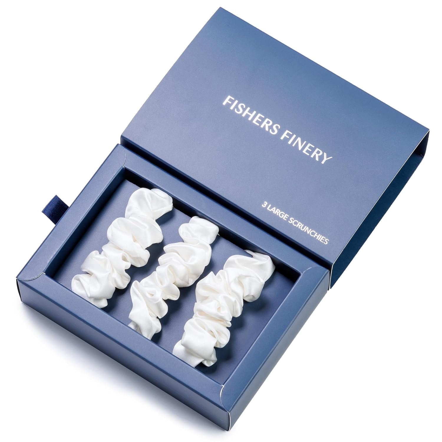 Fishers Finery 25 Momme Pure Mulberry Silk Large Scrunchies - Hair Tie Set for Curly Hair (White- 3 PK)