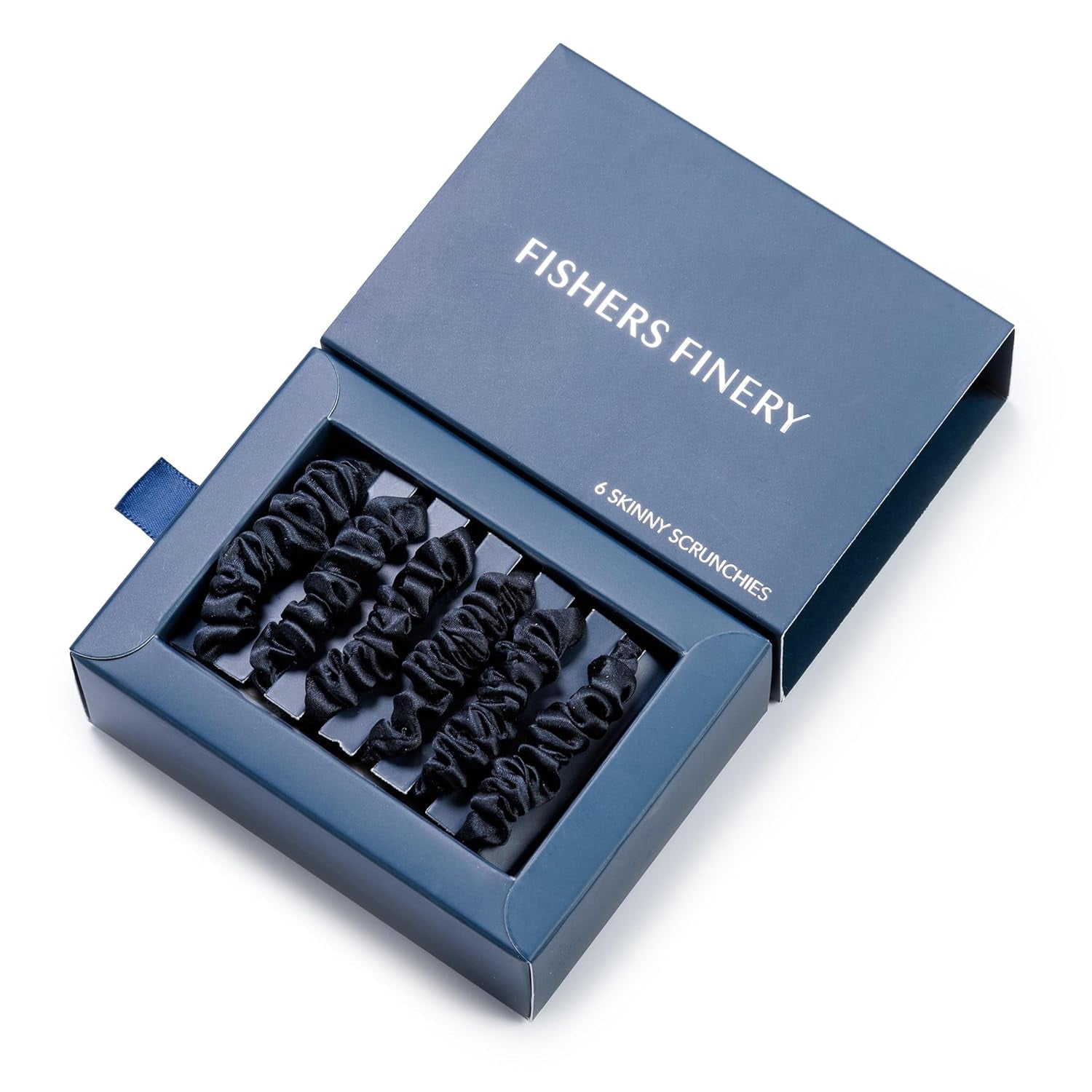 Fishers Finery 25 Momme Pure Mulberry Silk Scrunchies - Skinny Silk Hair Ties for Dark Hair (Black 6 Pk)