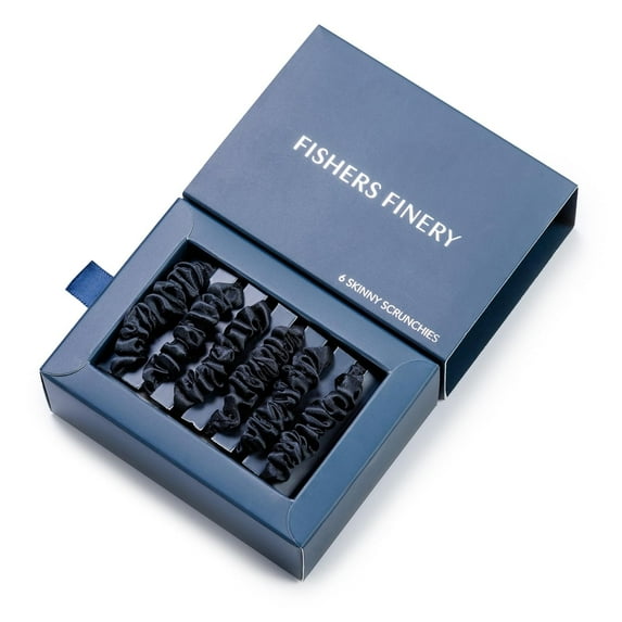 Fishers Finery 25 Momme Pure Mulberry Silk Scrunchies - Skinny Silk Hair Ties for Dark Hair (Black 6 Pk)