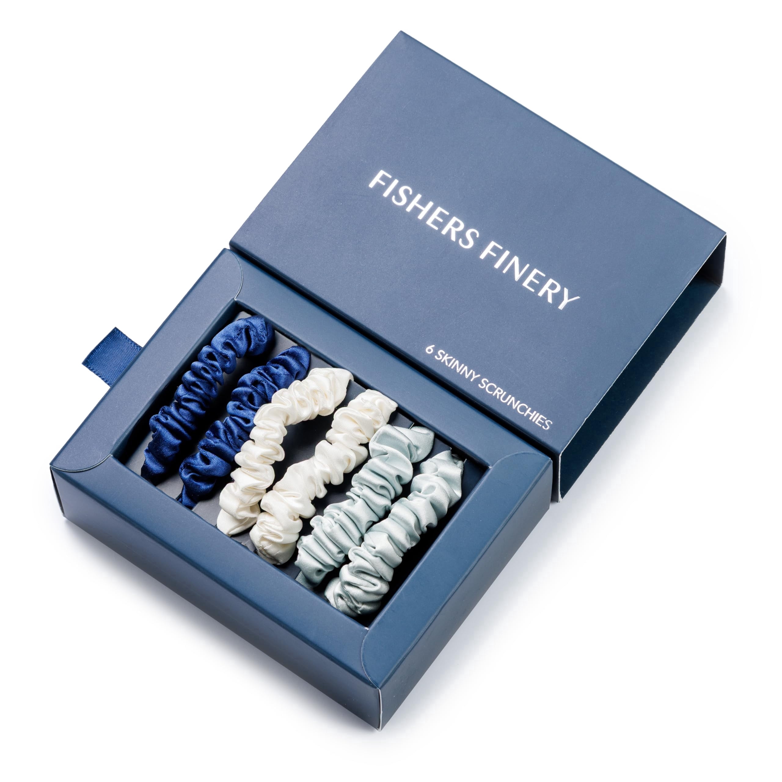 Fishers Finery 25 Momme Pure Mulberry Silk Skinny Scrunchies (Navy|Light Blue|White- 6 Pk)