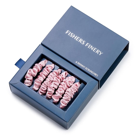Fishers Finery 25 Momme Pure Mulberry Skinny Silk Scrunchies - Hair Tie Set for Thin or Curly Hair (Pink- 6 Pk)