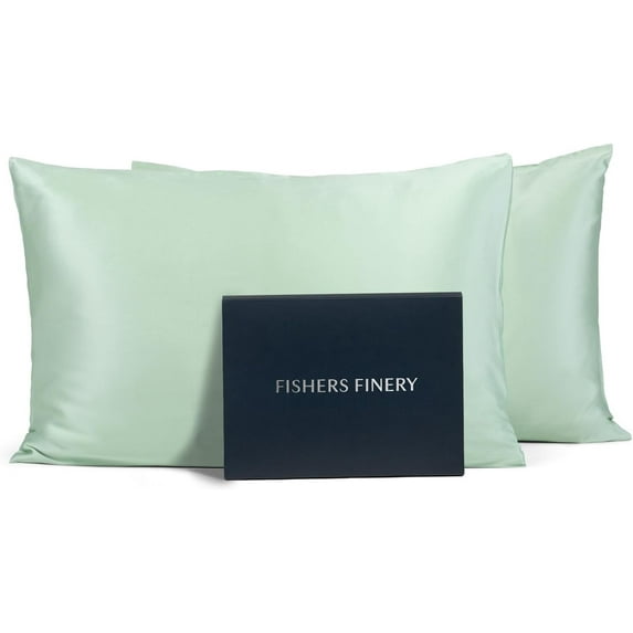 Fishers Finery 25mm 100% Pure Mulberry Silk Pillowcase, (Light Green, Queen 2 Pack)