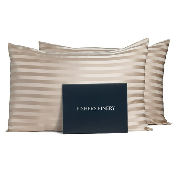 Fishers Finery 25mm 100% Pure Mulberry Silk Pillowcase (Taupe Stripe Standard 2 Pack)